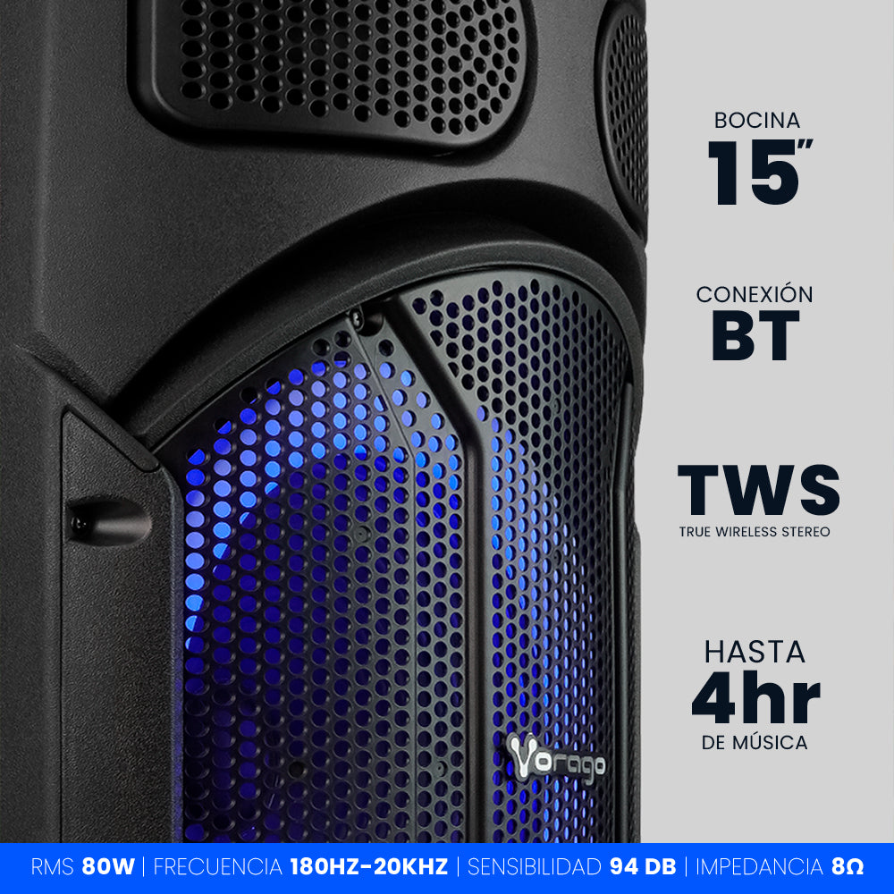 BAFLE VORAGO KSP-502 15" 80W FM BLUETOOTH RECARGABLE 1 MICRÓFONO TWS