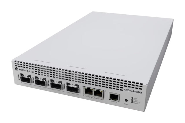 CRS804-4DDQ-hRM, Switch/Router, CPU 4 nucleos 2000 MHz, 4 GB RAM, 4 x QSFP56-DD de 400G, 2 x GEth 10 Gigabit, RouterOS v