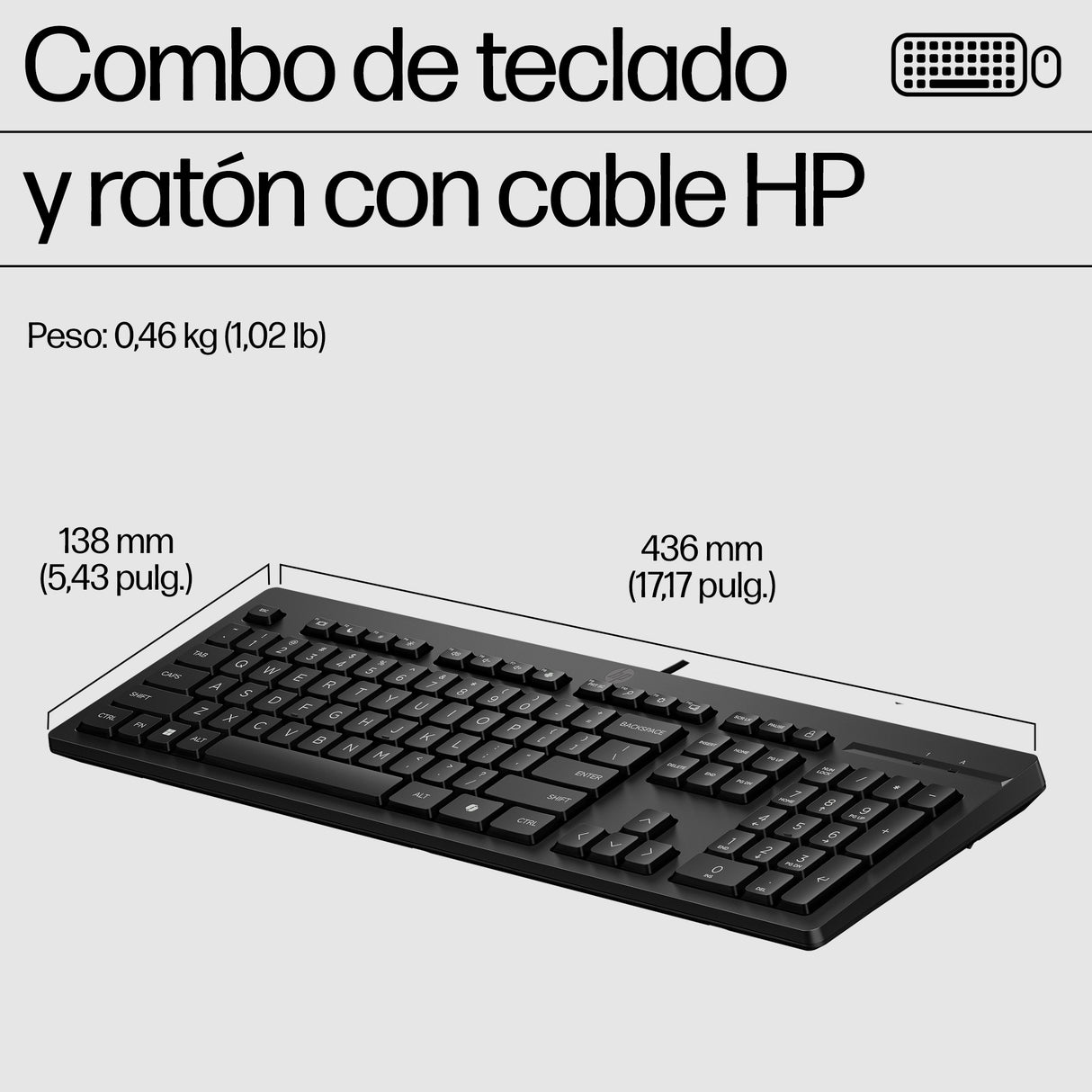 HP Combinación de mouse y teclado con cable 225, Tamaño completo (100%), Alámbrico, USB