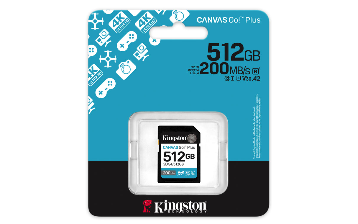 Kingston Technology Canvas Go! Plus 512GB SDXC Canvas Go Plus Gen4 200MB/s C10 UHS-I U3 V30 Memoria Flash 512 GB SDXC 200 MB/s 160 MB/s