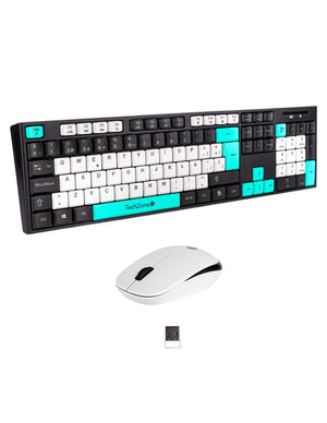 Kit Teclado y Mouse Techzone Gradient Negro c/azul menta y blanco conexión inalámbrica con 105 teclas y Mouse con 3 Boto