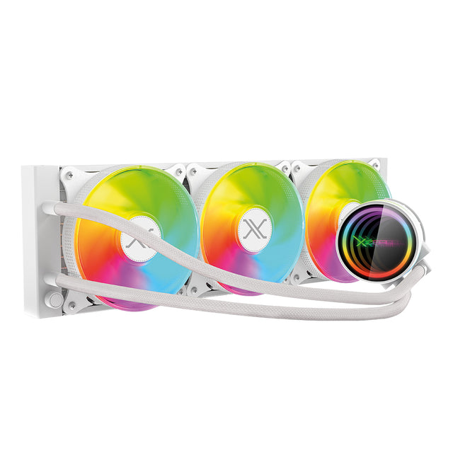 Enfriamiento Liquido 360mm Redondo XZ-411 para CPU 3Fanx120mm ARGB 3 pines + PWM 4 pines + Seguro para INTEL/AMD Blanco