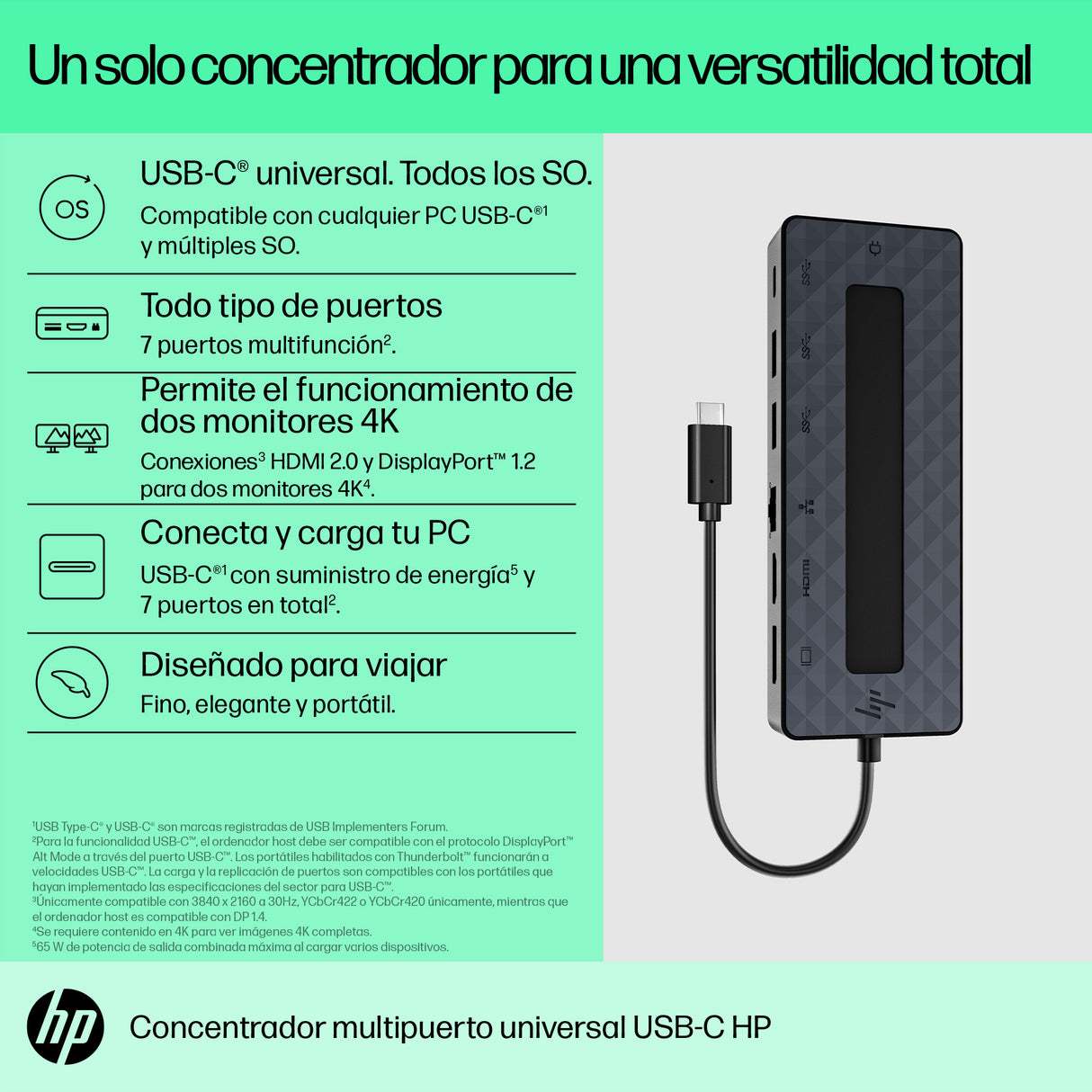 HP Hub multipuerto USB-C universal, Acoplamiento, USB 3.2 Gen 2 (3.1 Gen 2) Type-C, Negro