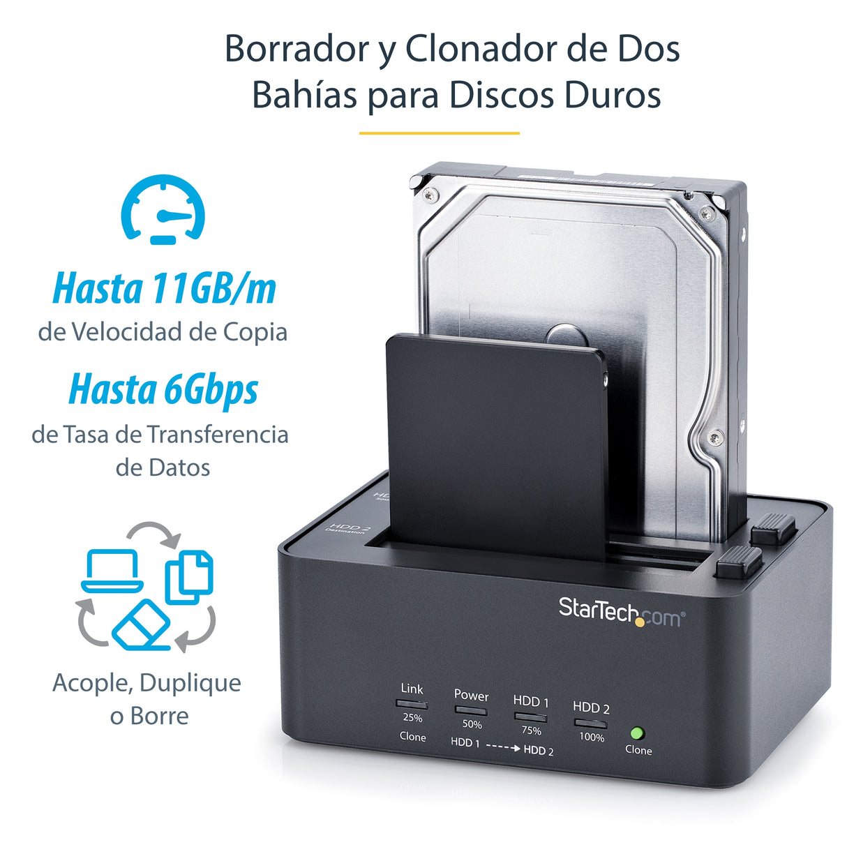 StarTech.com Duplicador y Borrador de Discos Duros de 2 Bahías - Clonador Copiador Autónomo de Discos Duros SATA - Docki