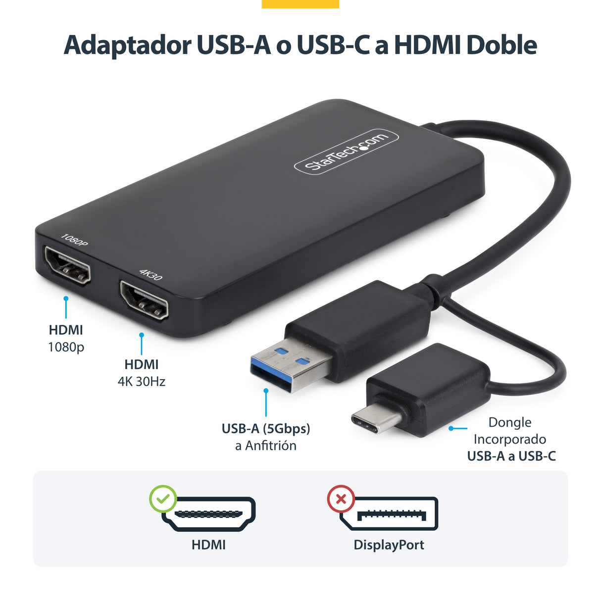 StarTech.com Adaptador de USB a HDMI Doble, USB A/C a 2 Pantallas HDMI (1x 4K30Hz, 1x 1080p), Dongle Integrado USB-A a C, Cable de 11cm, Adaptador USB 3.0 a HDMI, Windows y macOS adaptadores gráficos usb USB tipo A, USB Tipo C Macho Derecho Si