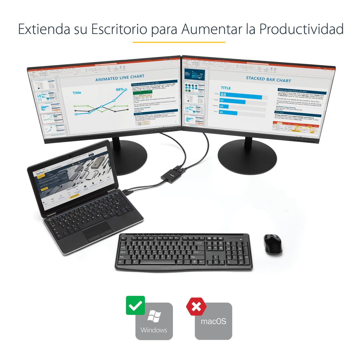 StarTech.com Hub MST de 2 Puertos DisplayPort 1.2 - Divisor Splitter DP de 2 Monitores - Adaptador DP a 2x DisplayPort 4K 30Hz - Alimentado por USB - Windows Solamente divisores de vídeo DisplayPort 2x DisplayPort 2 Negro