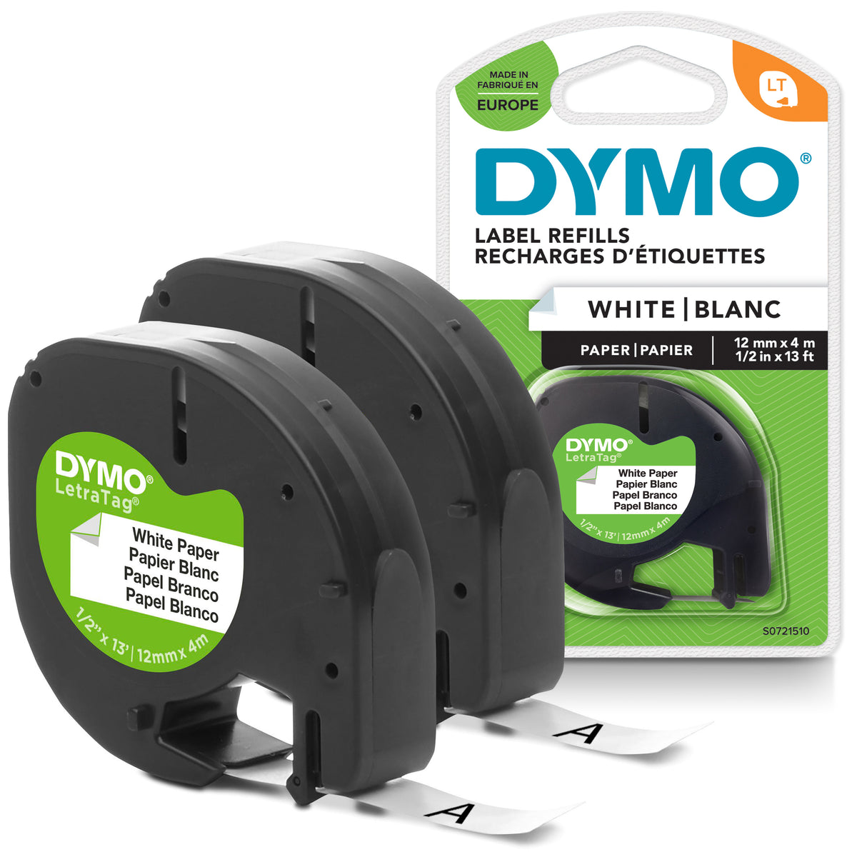 DYMO DYMO LetraTag Etiquetas de papel | Auténticas | Rollo de 12 mm x 4 m | Impresión en negro sobre etiquetas blancas | Etiquetas autoadhesivas multiuso para etiquetadoras LetraTag | 2 unidades Impresora