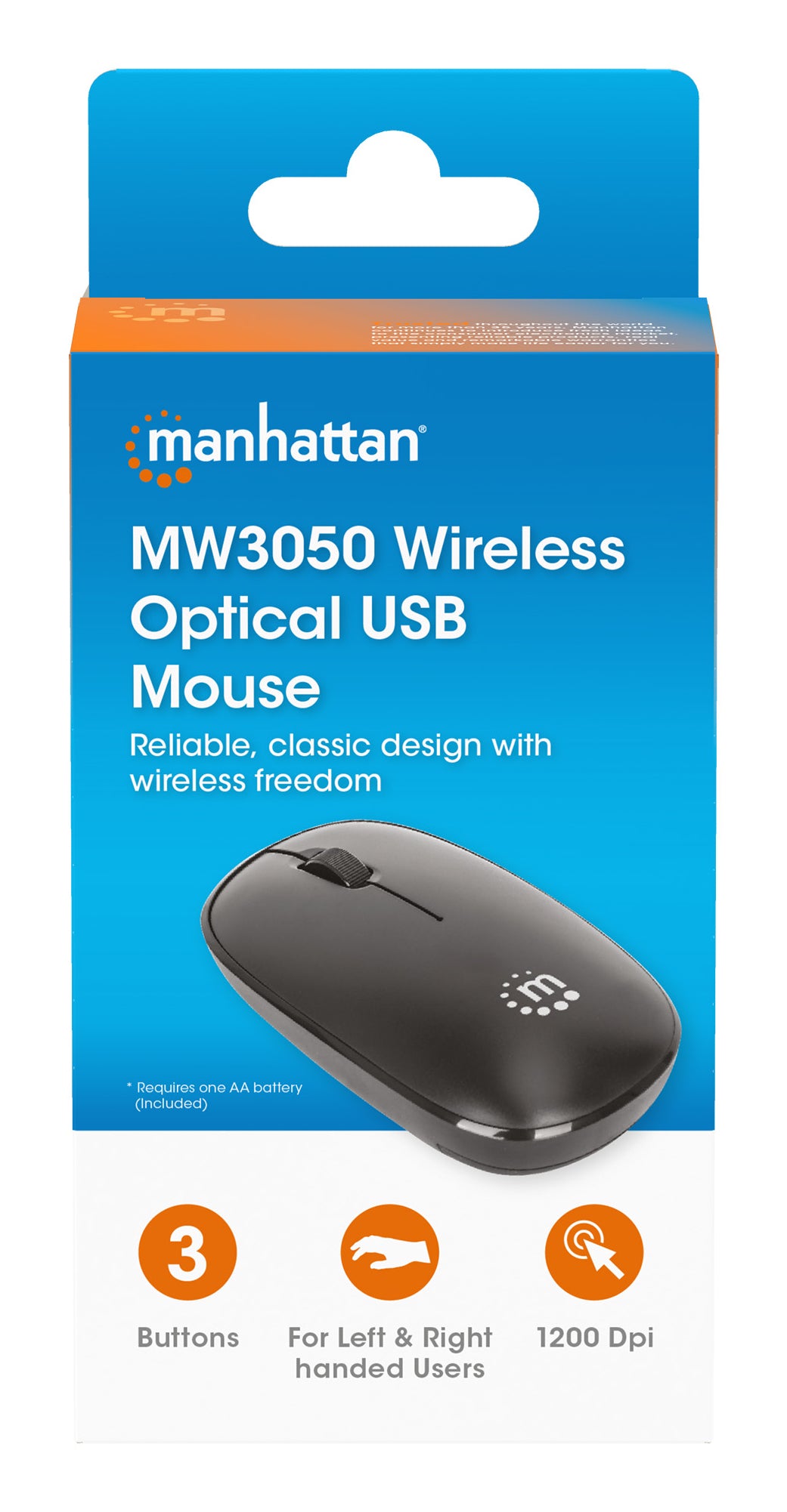 Manhattan Ratón óptico inalámbrico MW3050, negro, 1200 dpi, 2,4 GHz (hasta 10 m), USB, ambidiestro, 3 botones con rueda, receptor nano USB-A, pila AA incluida, base de baja fricción, garantía 3 años Ratón 1 Vertical Universal Óptico