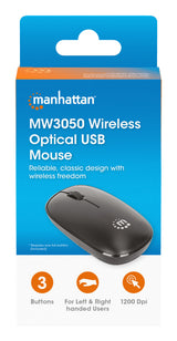 Manhattan Ratón óptico inalámbrico MW3050, negro, 1200 dpi, 2,4 GHz (hasta 10 m), USB, ambidiestro, 3 botones con rueda, receptor nano USB-A, pila AA incluida, base de baja fricción, garantía 3 años Ratón 1 Vertical Universal Óptico