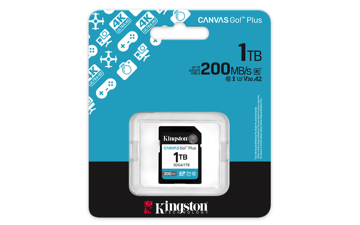 Kingston Technology Canvas Go! Plus 1TB SDXC Canvas Go Plus Gen4 200MB/s C10 UHS-I U3 V30 Memoria Flash 1 GB SDXC 200 MB/s 160 MB/s