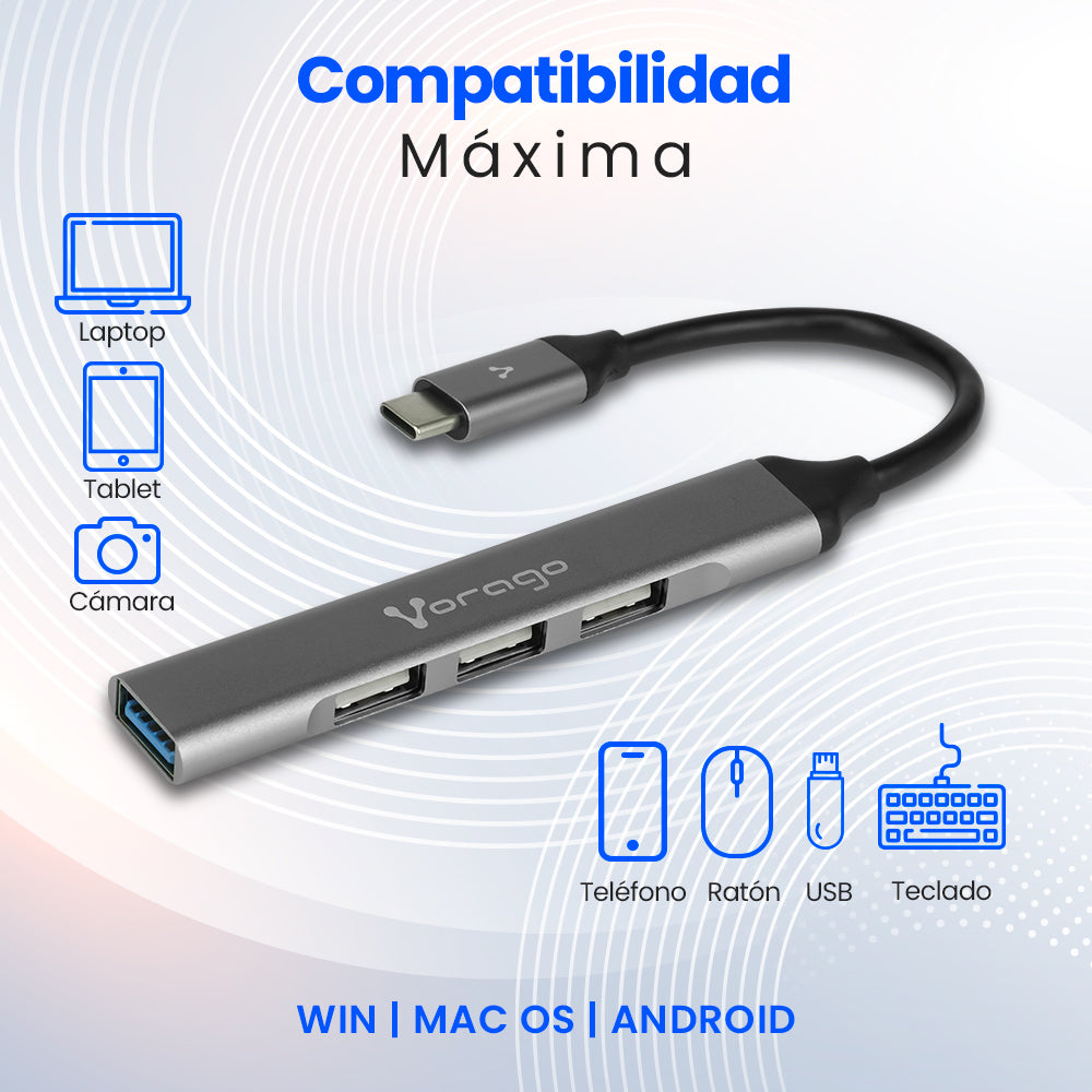 CONCENTRADOR HUB VORAGO HU-200 4 PUERTOS USB SLIM TIPO C
