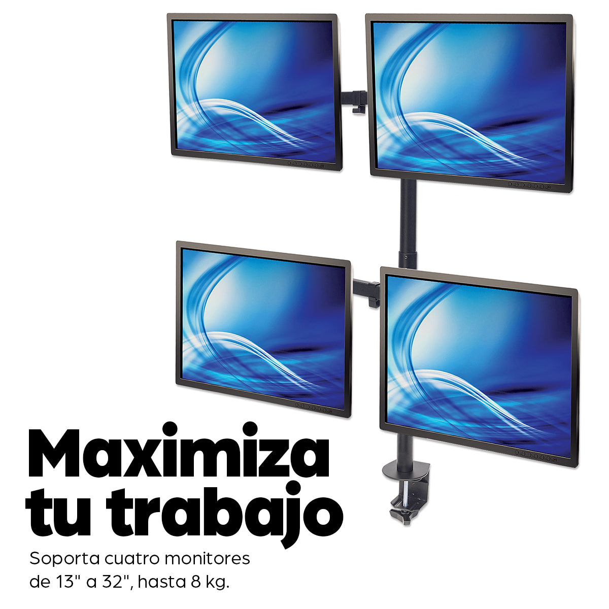 Manhattan Soporte de sobremesa para 4 monitores, pantallas 10"–27", base o abrazadera, Compatibilidad VESA: 75x75 y 100x100 mm (verifique las dimensiones de los cuatro orificios de montaje traseros), carga máxima 8 kg (cada uno), negro Monitor negro