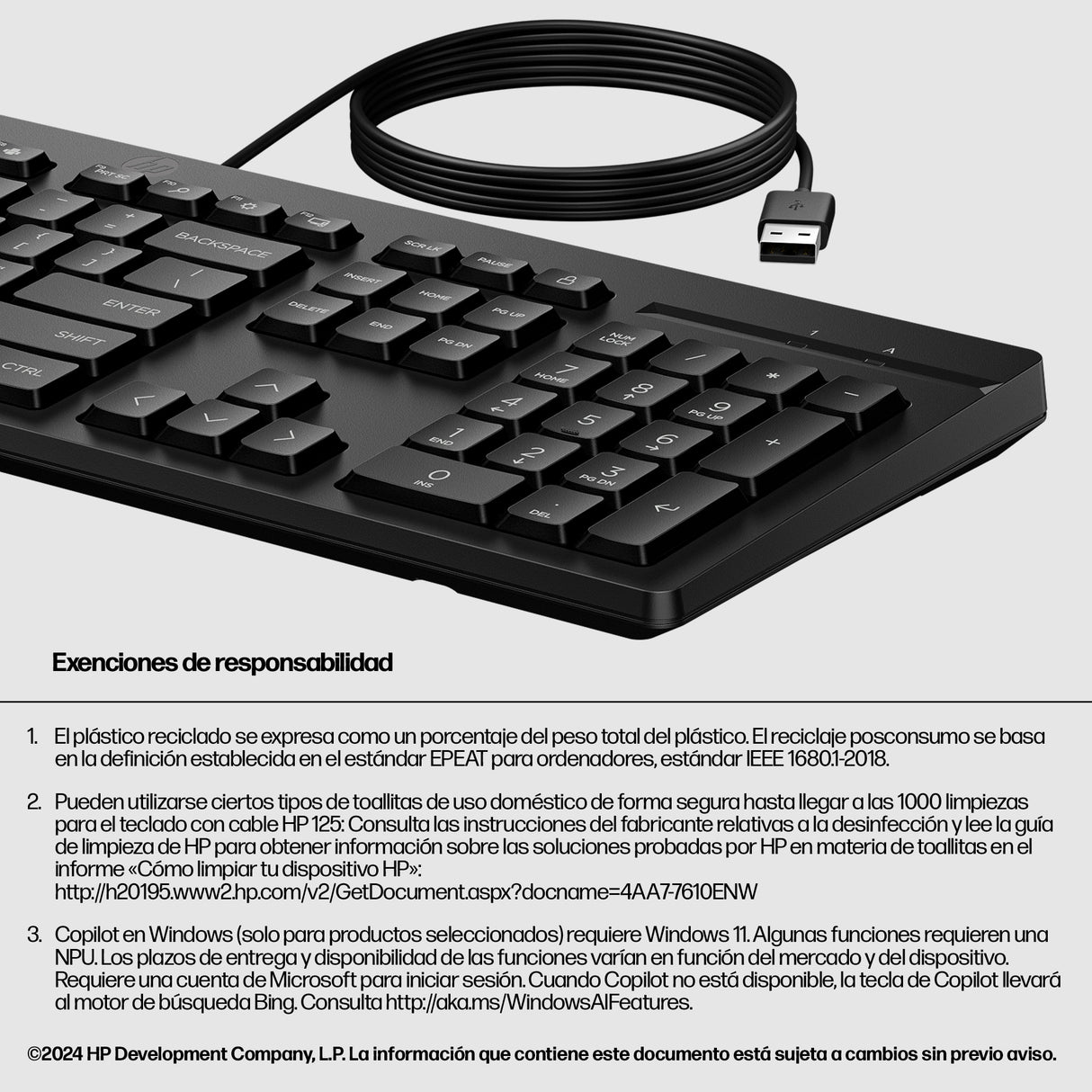 HP Teclado 125 con cable, Tamaño completo (100%), Alámbrico, USB, 266C9AA#ABM