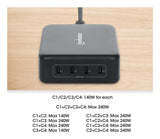 Manhattan Estación de carga GaN USB Power Delivery de 4 puertos, 240 W / PD 3.1, 4 puertos USB-C PD hasta 140 W por puerto, 240 W total, negro cargador de dispositivos móviles Corriente alterna 4 Si Interior