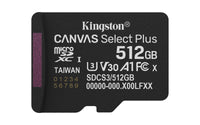 Kingston Technology 512GB micSDXC Canvas Select Plus Gen3 150R A1 (Adaptador de SD no incluido) Memoria Flash 512 GB MicroSDXC 150 MB/s UHS-I