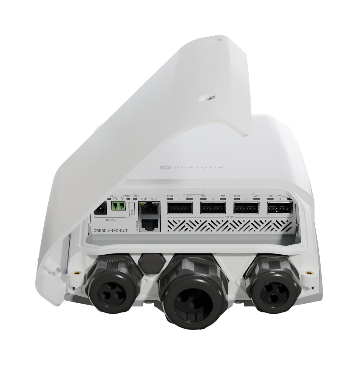 CRS504-4XQ-OUT, Switch exteriores CPU 650MHz, 128MB RAM, 1 Eth 10/100, 4 QSFP28 100G, CD jack y 802.3bt PoE-in, RouterOS