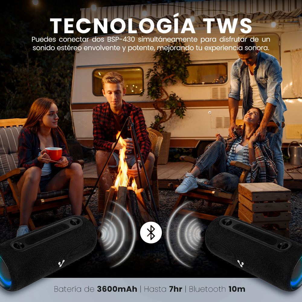 BOCINA VORAGO BSP-430 BLUETOOTH / USB / AROS LUZ RGB / TWS / 26W RMS CON HASTA 7 HRS AUTONOMIA TERMINADO EN TELA