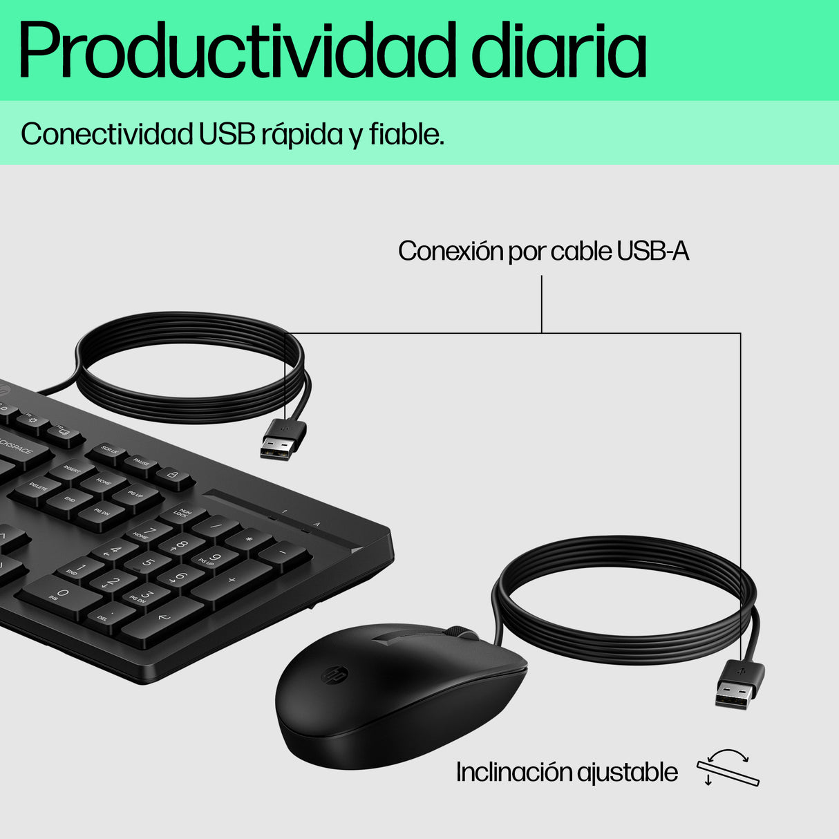 HP Combinación de mouse y teclado con cable 225, Tamaño completo (100%), Alámbrico, USB
