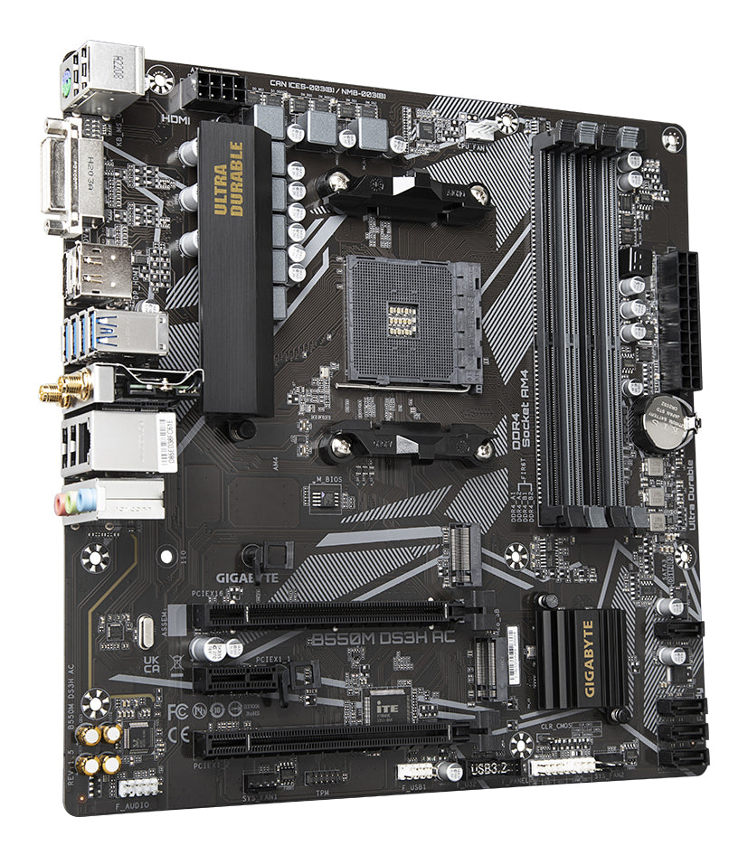 GIGABYTE B550M DS3H AC Placa base - Procesadores AMD Ryzen 5000, VRM de 5+3 fases, hasta 4733 MHz DDR4, 1xPCIe 4.0 + 1xPCIe 3.0 M.2, Wi-Fi 5, LAN 1GbE, USB 3.2 Gen 1 placas base AMD Zócalo AM4 Zócalo AM4 DDR4-SDRAM