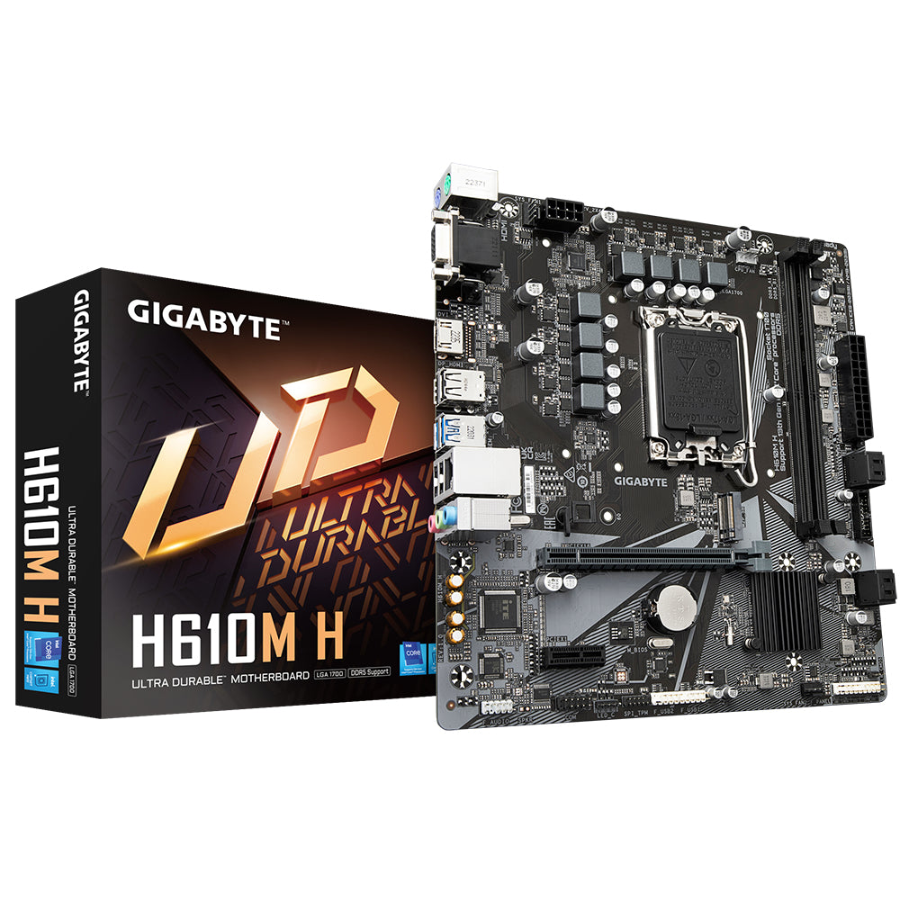 GIGABYTE H610M-H - GIGABYTE H610M H Placa base - Soporta CPUs Intel Core de 14ª generación, VRM digital híbrido 6+1+1, hasta 5600MHz DDR4 (OC), 1xPCIe 3.0 M.2, LAN GbE, USB 3.2 Gen 1