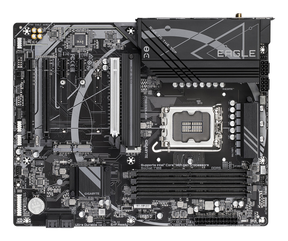 GIGABYTE Z790 EAGLE AX Placa base - Soporta CPUs Intel Core de 14ª generación, VRM digital de 12+1+1 fases, hasta 7600MHz DDR5 (OC), 3xPCIe 4.0 M.2, Wi-Fi 6E, LAN de 2.5GbE, USB 3.2 Gen 2 placas base Intel LGA 1700 1 LGA 1700