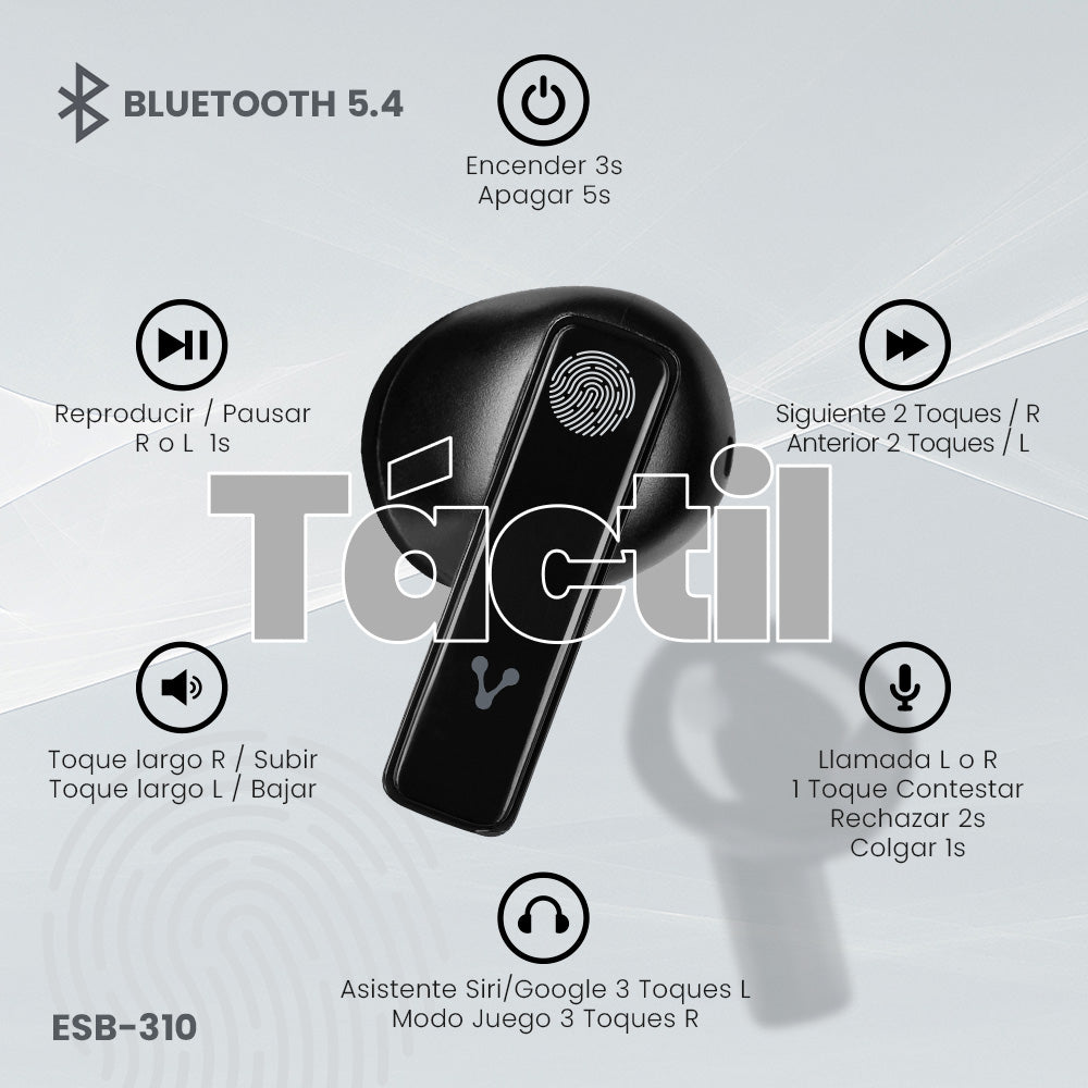 Audifonos bluetooth 5.4 con hasta 24 hrs de reproducción, controles táctiles, función de manos libres y conexión para ca