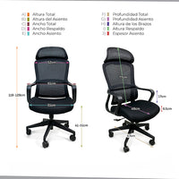 Silla de Oficina Ergo UMBRIA G, Respaldo de Malla, Asiento Acolchado, Reposacabezas y Reposabrazos, Negro