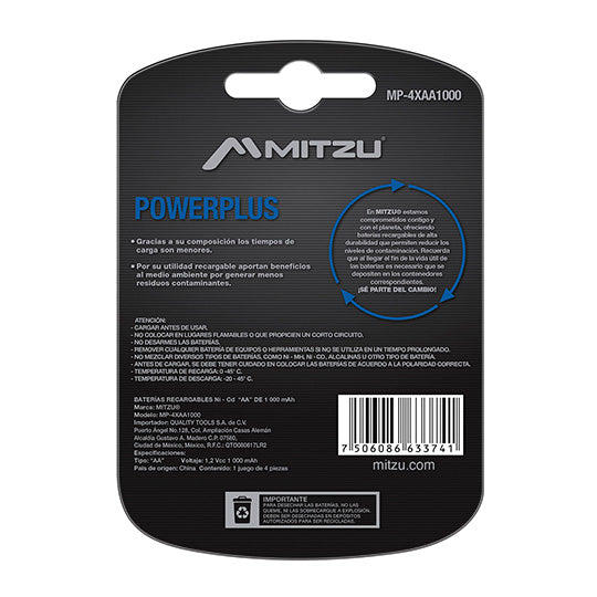 MITZU MP-4XAA1000 pila de uso doméstico Batería recargable AA Níquel-cadmio (NiCd), 4 pieza(s), 1000 mAh