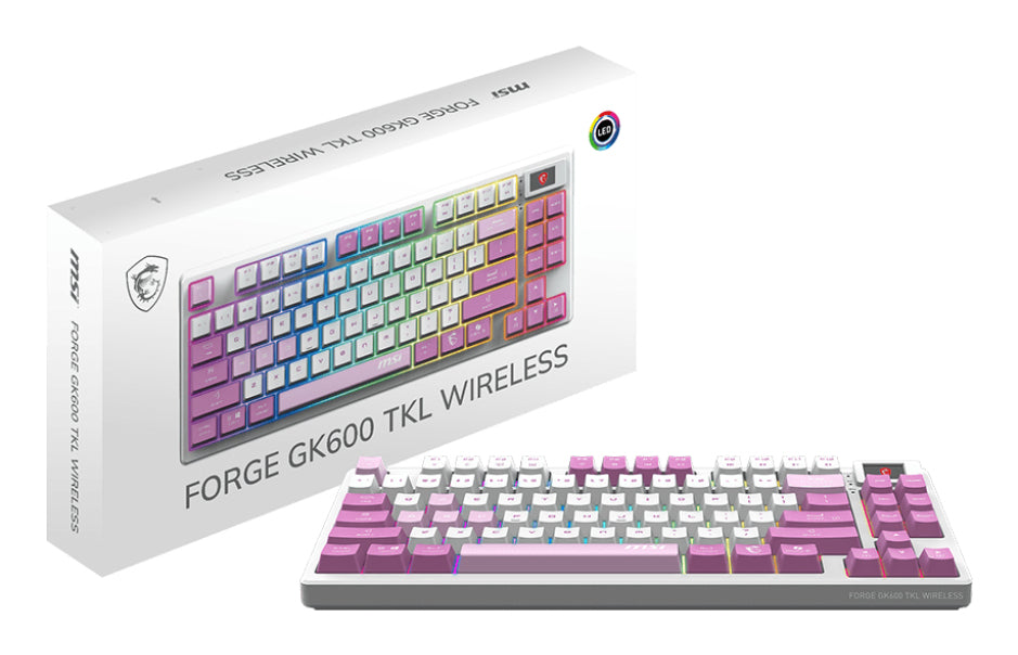 MSI FORGE GK600 TKL WIRELESS VIOLET teclado Juego USB + Bluetooth QWERTY Español Rosa, Violeta, Blanco, Inalámbrico, Interruptor mecánico, LED RGB