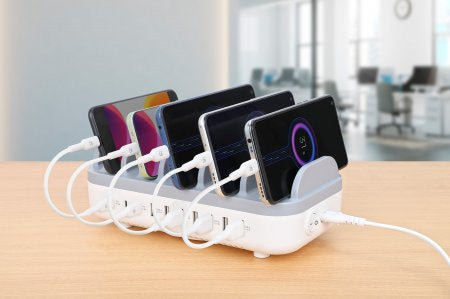 Manhattan Estación de carga de 10 puertos: 3 USB-C (hasta 18 W PD) y 7 USB-A (hasta 12 W), potencia total 120 W, blanco/gris, garantía 3 años organizadores para estación de carga Contacto Montaje de sobremesa Mesa 10