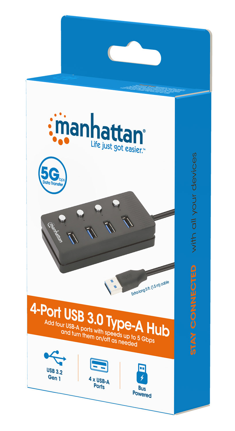 Manhattan 180887 nodo concentrador USB 3.2 Gen 1 (3.1 Gen 1) Type-A 5000 Mbit/s Negro, Acrilonitrilo butadieno estireno (ABS)