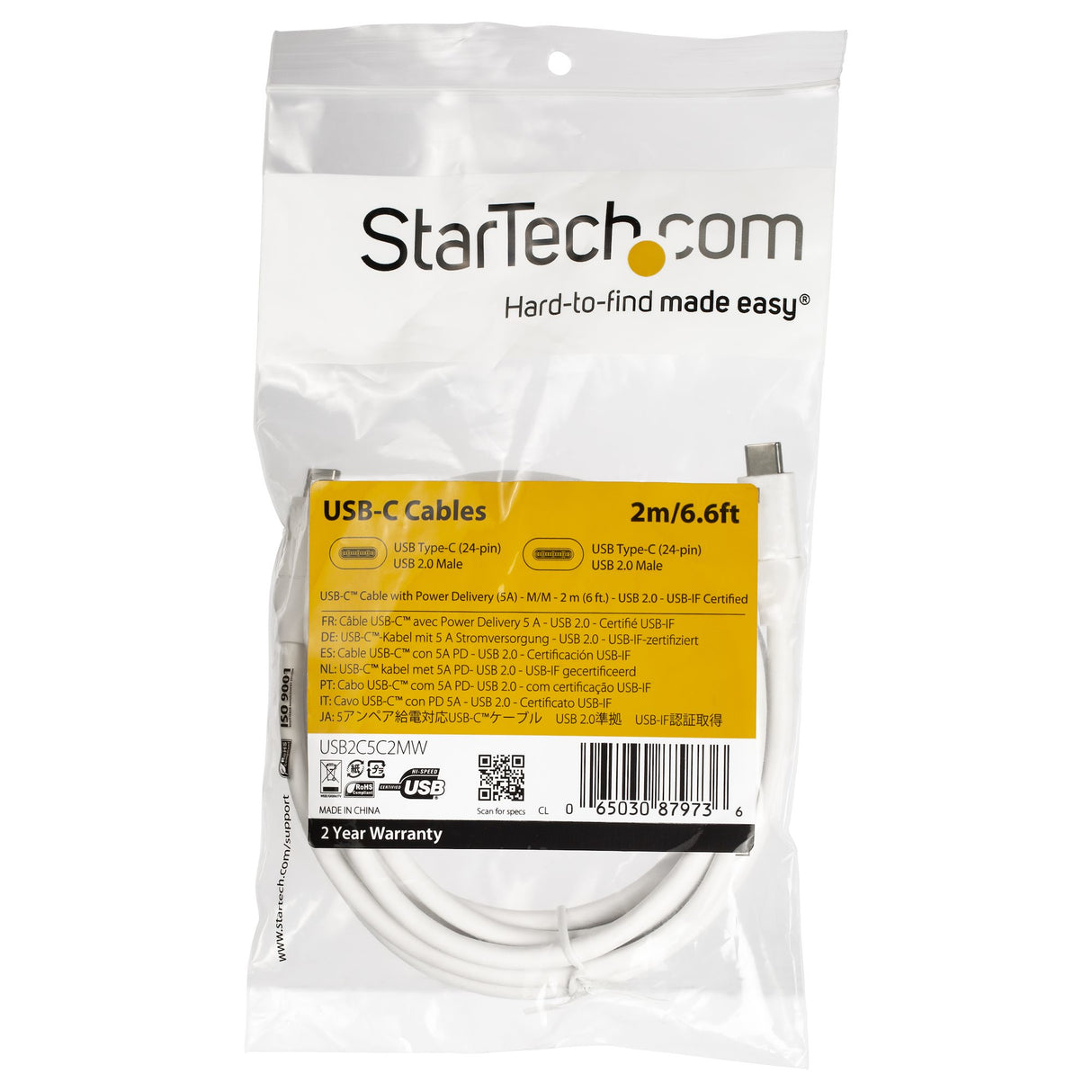 StarTech.com Cable de 2m USB-C a USB-C con capacidad para Entrega de Alimentación de 5A - USB TipoC - Cable de Carga USBC - Blanco Cable USB 2.0 USB C USB C Macho