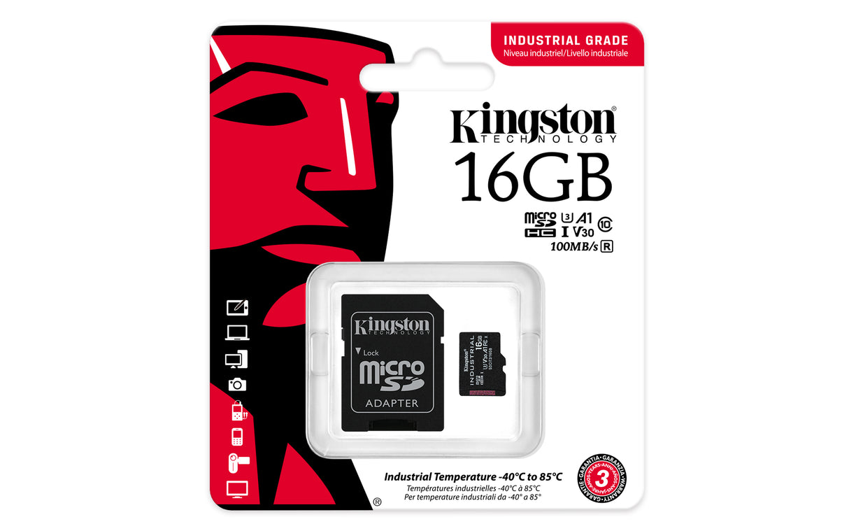 Kingston Technology Tarjeta 16GB microSDHC Industrial C10 A1 pSLC + adaptador SD Memoria Flash 16 GB MicroSDHC 100 MB/s 80 MB/s