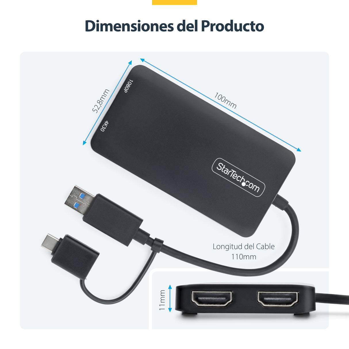 StarTech.com Adaptador de USB a HDMI Doble, USB A/C a 2 Pantallas HDMI (1x 4K30Hz, 1x 1080p), Dongle Integrado USB-A a C, Cable de 11cm, Adaptador USB 3.0 a HDMI, Windows y macOS adaptadores gráficos usb USB tipo A, USB Tipo C Macho Derecho Si