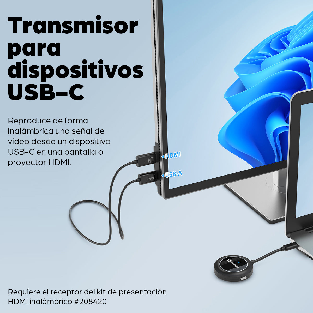 Manhattan Adaptador inalámbrico HDMI 1080p con transmisor USB-C, dongle para mostrar vídeo de forma inalámbrica desde un
