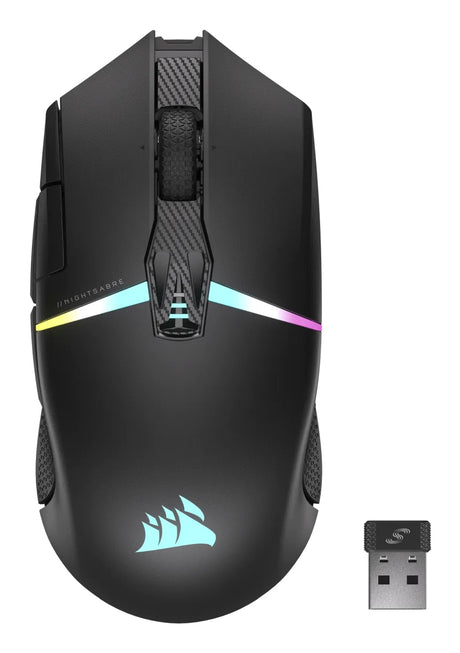 Corsair NIGHTSABRE WIRELESS RGB ratón Juego Diestro RF inalámbrico + bluetooth Óptico 26000 DPI, Negro
