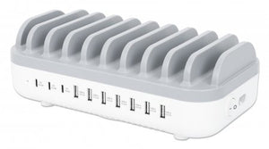 Manhattan Estación de carga de 10 puertos: 3 USB-C (hasta 18 W PD) y 7 USB-A (hasta 12 W), potencia total 120 W, blanco/gris, garantía 3 años organizadores para estación de carga Contacto Montaje de sobremesa Mesa 10