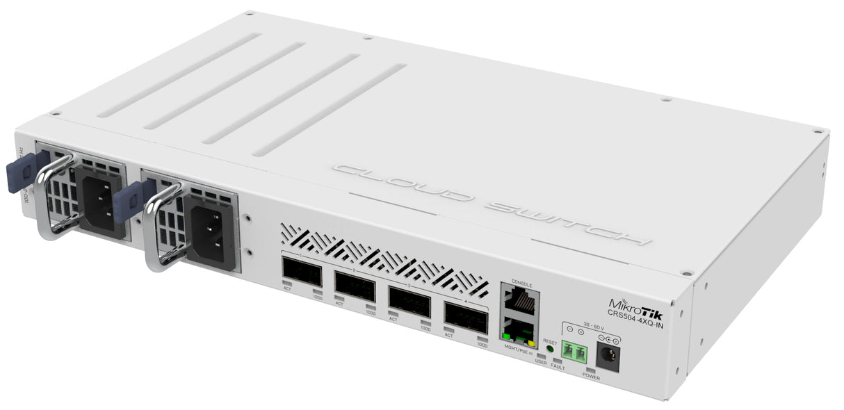 CRS504-4XQ-IN, Switch CPU 650MHz, 64MB RAM, 1 Eth 10/100, 4 QSFP28 100G, CA/CD y 802.3bt PoE-in, RouterOS