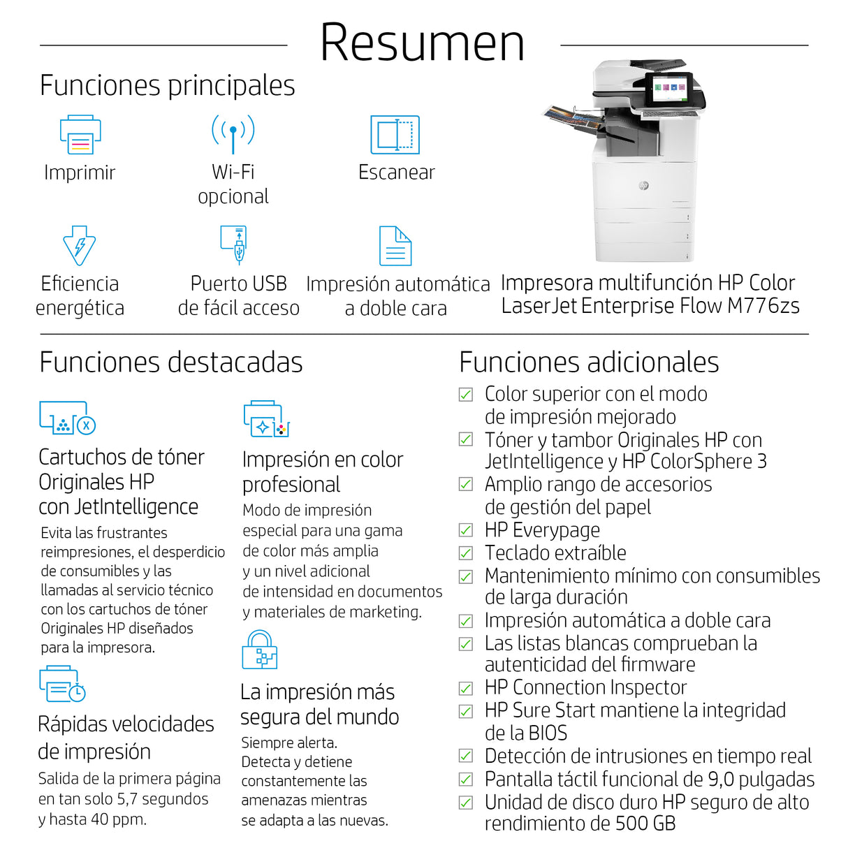 HP Color LaserJet Enterprise Flow LaserJet Enterprise Flow M776zs Inalámbrico Multifunction Color Impresora, Fotocopiadora, escáner; Dúplex Impresora Multifunción Laser WiFi Negro, Blanco
