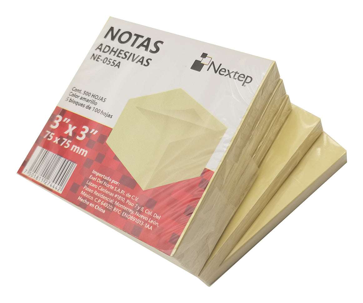 Notas Adhesivas Nextep 3x3, Color Amarillo, 5 Bloques con 500 Hojas, Ideal para Recordatorios y Organización