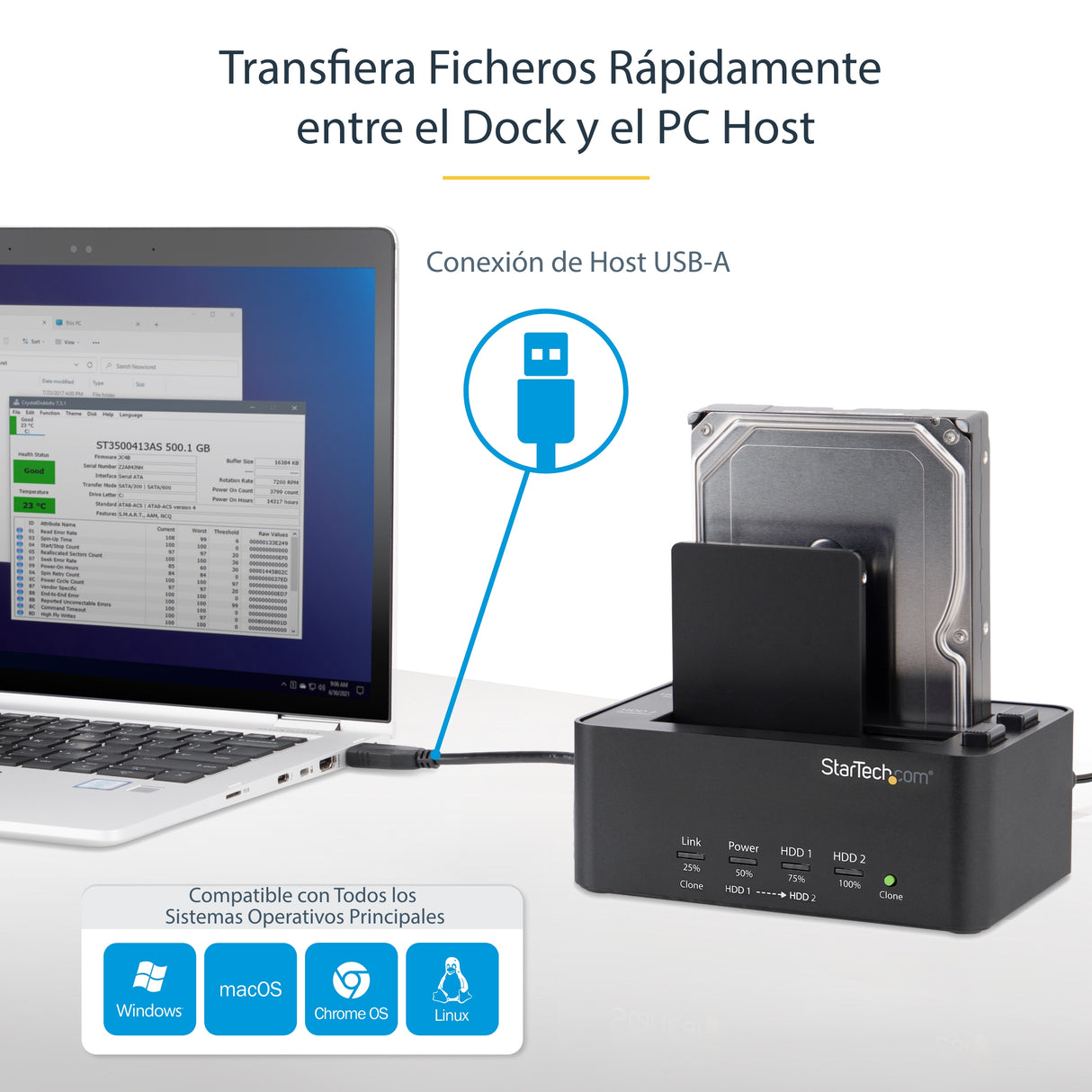 StarTech.com Duplicador y Borrador de Discos Duros de 2 Bahías - Clonador Copiador Autónomo de Discos Duros SATA - Docki