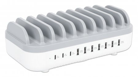 Manhattan Estación de carga de 10 puertos: 3 USB-C (hasta 18 W PD) y 7 USB-A (hasta 12 W), potencia total 120 W, blanco/gris, garantía 3 años organizadores para estación de carga Contacto Montaje de sobremesa Mesa 10