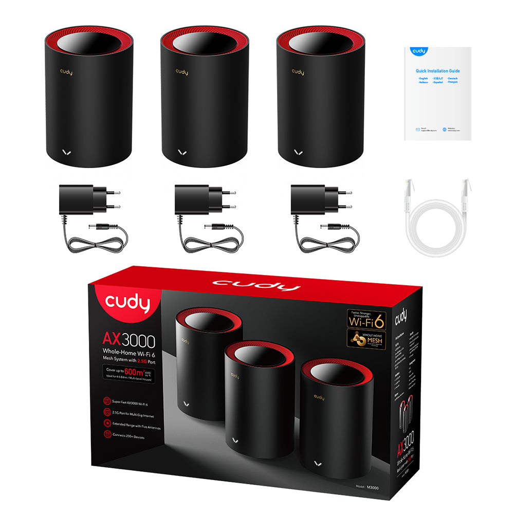 Sistema Mesh Cudy M3000 (3 piezas) Wi-Fi 6 AX3000 (1puerto WAN 2.5Gbps y 1 puerto RJ45 gigabit x pieza) MU-MIMO CPU 1.3G
