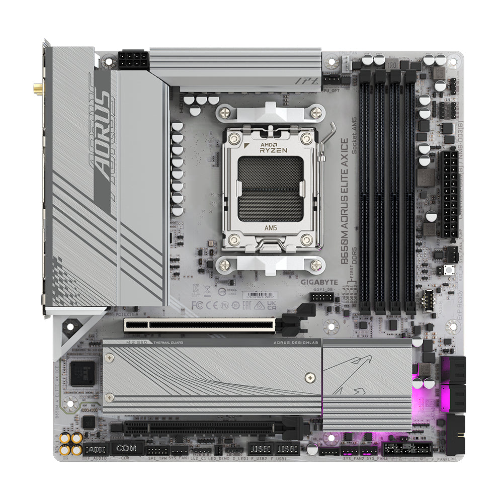 GIGABYTE B650M AORUS ELITE AX ICE Placa base - AMD Ryzen serie 9000, VRM de 12+2+2 fases, hasta 8000 MHz DDR5 (OC), 1xPCIe 5.0 + 1xPCIe 4.0 M.2, LAN 2,5 GbE, WIFI 6E, USB 3.2 Gen 2x2 placas base AMD Zócalo AM5 Zócalo AM5 DDR5-SDRAM