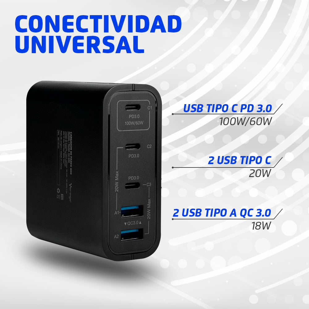 CARGADOR DE PARED VORAGO AU-600 TIPO C 100W PD 5 PUERTOS QUICK CHARGE 3.0 NEGRO
