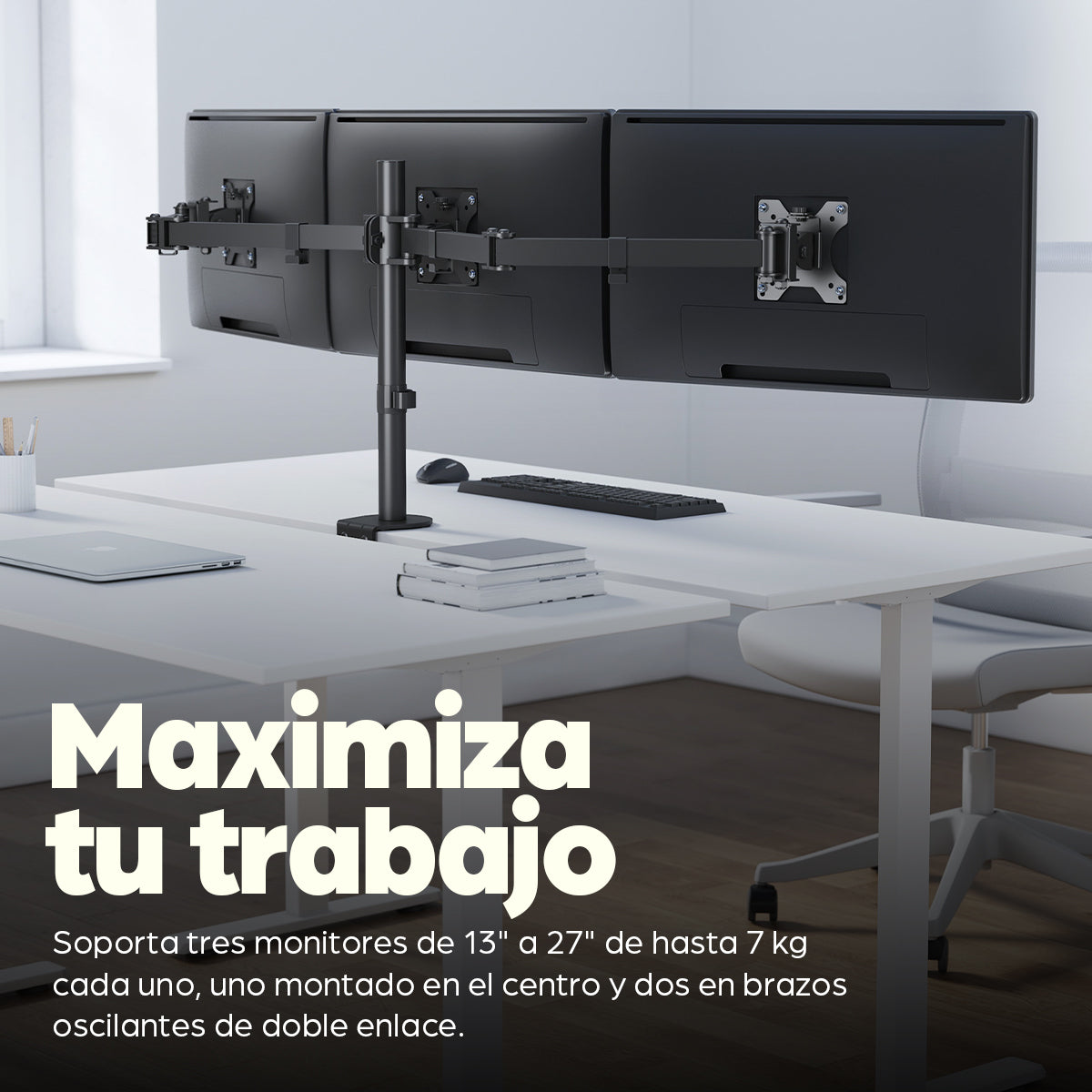 Manhattan Soporte triple de sobremesa para 3 monitores, pantallas 10"–27", montaje traseros con abrazadera, Co