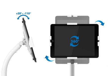 Manhattan Soporte de suelo antirrobo para tablet e iPad, universal, rotación 360°, inclinación +20° a −110°, bloqueable, para tablets de 7,9" a 11", altura ajustable, color blanco soportes Tablet/UMPC Interior Plástico, Acero Blanco