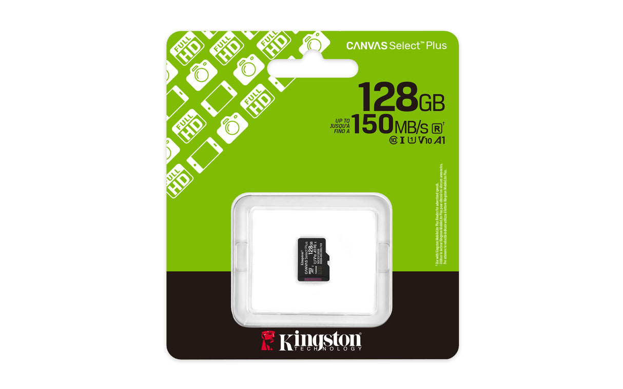 Kingston Technology 128GB micSDXC Canvas Select Plus Gen3 150R A1 (Adaptador de SD no incluido) Memoria Flash 128 GB MicroSDXC 150 MB/s UHS-I