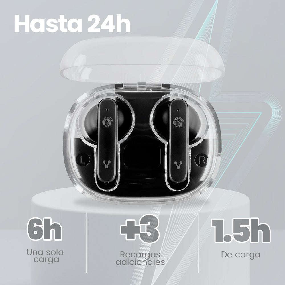 AUDIFONO VORAGO ESB-401  EARBUD BT 5.3 IPX4 6HRS+3CARGAS TWS DISPLAY DE DURACIÓN BATERIA