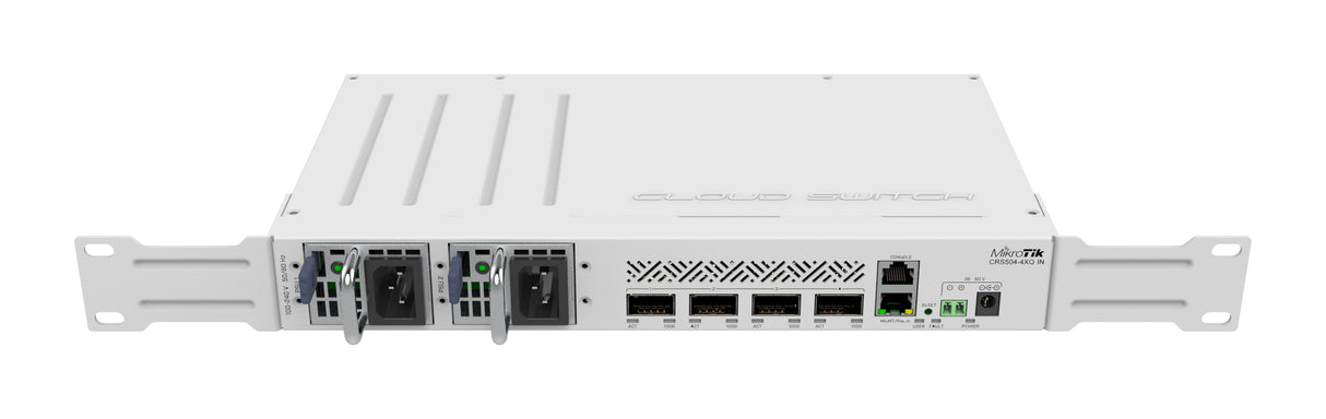 CRS504-4XQ-IN, Switch CPU 650MHz, 64MB RAM, 1 Eth 10/100, 4 QSFP28 100G, CA/CD y 802.3bt PoE-in, RouterOS